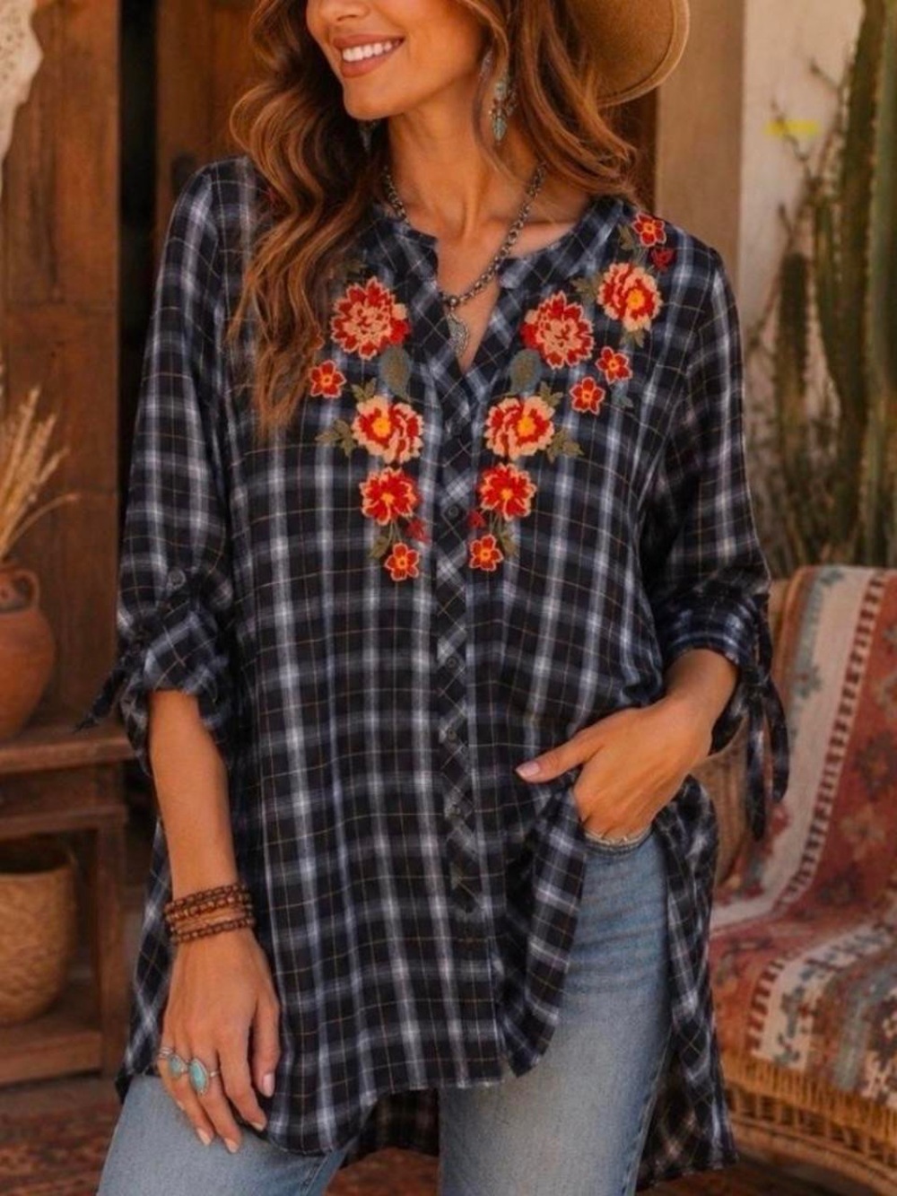 ANDREE BY UNIT Black Plaid Button-Down Top with Red Floral Embroidery